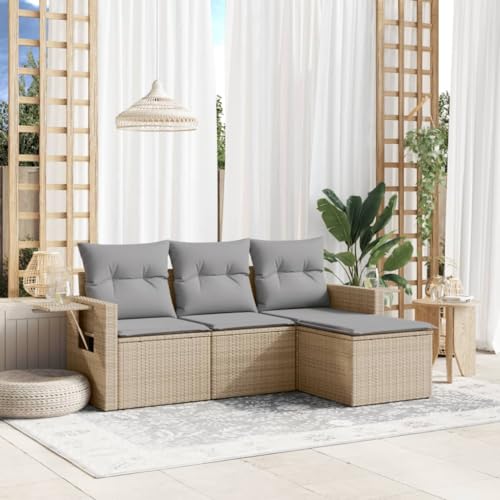 SECOLI Garten Lounge Rattan Balkon Lounge Gartenmöbel Set Lounge Gartengarnitur Garten Sofa Set Rattan Lounge Rattanmöbel-Beige und Grau-4-tlg von SECOLI