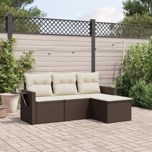 SECOLI Garten Lounge Rattan Balkon Lounge Gartenmöbel Set Lounge Gartengarnitur Garten Sofa Set Rattan Lounge Rattanmöbel-Braun und Creme-4-tlg von SECOLI