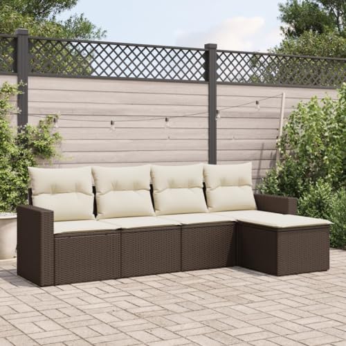 SECOLI Garten Lounge Rattan Balkon Lounge Gartenmöbel Set Lounge Gartengarnitur Garten Sofa Set Rattan Lounge Rattanmöbel-Braun und Creme-5-tlg von SECOLI