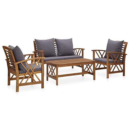 SECOLI Gartenmöbel Set Holz 4 Personen Garten Sitzgruppe 4 Personen Gartengarnitur Set Holz Lounge Set Outdoor Holz Terrassenmöbel Set mit Auflagen Massivholz Akazie-Grau-Bank + 2X Sessel + Tisch-2 von SECOLI