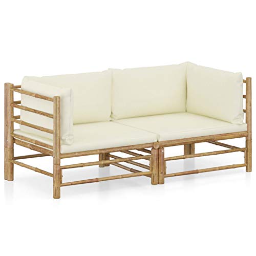 SECOLI Gartenmöbel Set Holz Gartenlounge Outdoor Holz Gartensofa Holz Lounge Sofa Outdoor Ecksofa Garten Sitzgruppe Loungemöbel Terrasse Bambus-Creme-2-tlg von SECOLI