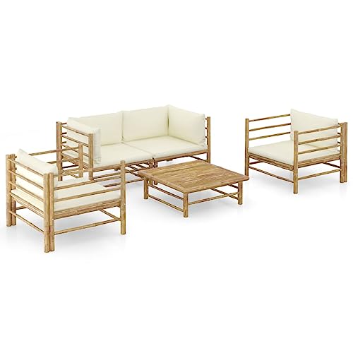 SECOLI Gartenmöbel Set Holz Gartenlounge Outdoor Holz Gartensofa Holz Lounge Sofa Outdoor Ecksofa Garten Sitzgruppe Loungemöbel Terrasse Bambus-Creme-5-tlg von SECOLI