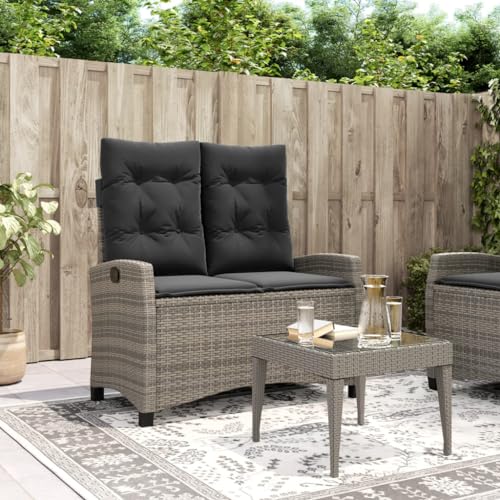 SECOLI Gartensofa mit Liegefunktion Gartenbank Rattan Verstellbar Rattan Bank 2 sitzer Polyrattan Lounge-Sofa Zweisitzer Balkon Sofa Balkon Couch klein-Grau- von SECOLI