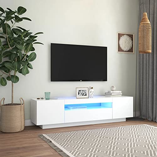 SECOLI TV Schrank Mit Led Leuchten 160x35x40 cm Fernsehschrank Mit Led Weiß TV Sideboard Wohnzimmer TV Board Fernseher Unterschrank TV Board Fernsehtisch Mit Led und Schubladen von SECOLI