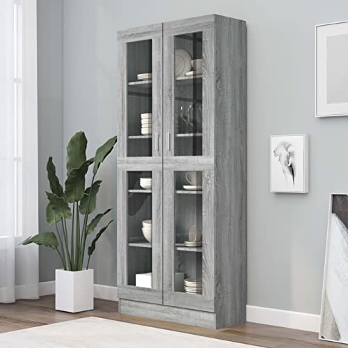 SECOLI Vitrinenschrank Vitrine Glasvitrine Standvitrine Sammlervitrine Bücherschrank Küchenschrank Hochschrank Wohnzimmerschrank Regal-Grau Sonoma-82.5 x 30.5 x 185.5 cm von SECOLI