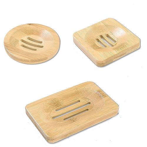 3 x Bambus-Seifenschalen, handgefertigter Bambus-Seifenhalter, Badezimmer-Seifenschale, natürliche Seifenschale, natürlicher Bambus-Seifenhalter, Holz, rechteckig (quadratisch + rechteckig + rund) von SEIWEI