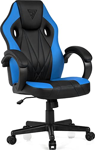 SENSE7 Gaming Stuhl Prism, ergonomischer Gaming Sessel, Gaming Chair mit Wippfunktion, Gepolsterte Armlehnen, PU-Leder Bürostuhl bis 120kg, PC Stuhl Schwarz-Blau von SENSE7