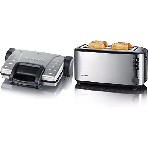 SEVERIN KG 2389 Kontaktgrill (1.800 W, Zum Grillen und Toasten) Silber/schwarz & Automatik-Langschlitztoaster, Toaster mit Brötchenaufsatz, Edelstahl-gebürstet/schwarz, AT 2509 von SEVERIN