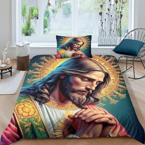 SFGHRT Jesus Bettbezug-Set, 3D Bettwäsche-Set Bettbezug Mit Reißverschluss, Gott Superfeine Faser, Geschenk-Bettbezug. (Single（135x200cm）) von SFGHRT