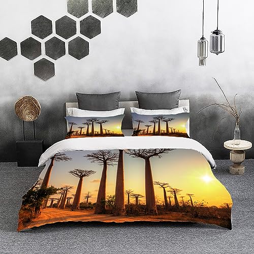 Bettwäsche 3 Teilig Bettgarnitur,Sonnenuntergang, tropischer Horizont mit hohem Baum Madagaskar Skyline Landschaften Afrika,Gemütlich Mikrofaser Bettbezug Set 1 Bettbezug Set 135 x 200 cm von SHAARI