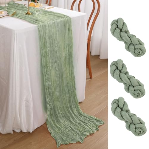 SHACOS 3 Stück Gaze Tischläufer Grün 90 x 300 cm Käsetuch Tischläufer Waschbar Boho Tischläufer Extra Lang Tischläufer Hochzeit Tischdecke Seihtuch Tischläufer für Hochzeit Party Geburtstag Tischdeko von SHACOS