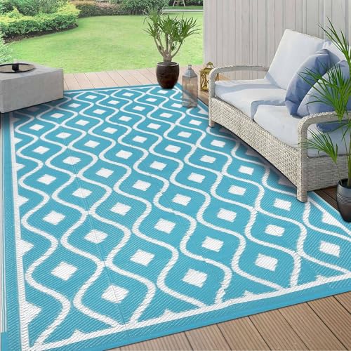 SHACOS Outdoor Teppich Wetterfest UV-beständig 150x210cm Boho Balkon Teppich Wasserfest Outdoor Teppich Kunststoff Groß Gartenteppich Picknickdecke Wendbar Außenteppich Teppich für RV Camping Terrasse von SHACOS