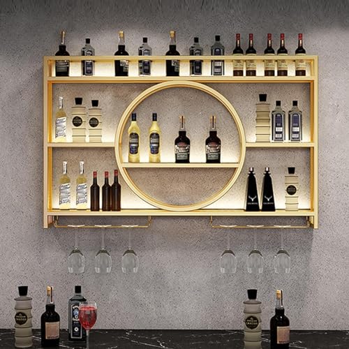 SHAIRMB An Der Wand Montiert Weinregal Aus Metall, An Der Wand Montiert Weinregal Mit Weinglashalter, Design Mit Mehreren Haken Barregale, Bareinheit Schwebende Regale, FüR Das Essen,Gold,100x15x80cm von SHAIRMB