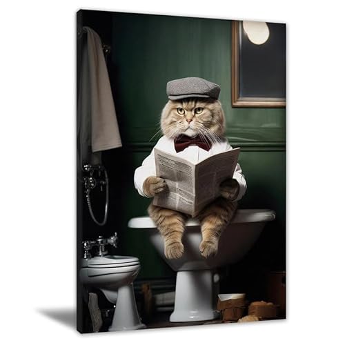 SHDOWARTH Badezimmer-Wandkunst, Katze, die auf der Toilette sitzt, Zeitungsposter liest, Humor, Tiere, Badezimmer-Wanddekoration, bunt, maximalistische Leinwand, Wandkunst, 40,6 x 61 cm von SHDOWARTH