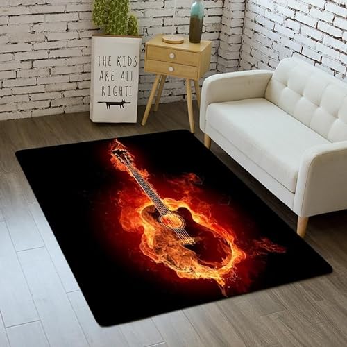 SHELOG Burning Guitar Rechteckiger Teppich Modern Home Wohnzimmer Boden Schlafzimmer Teppich Kunst Poster Matte von SHELOG