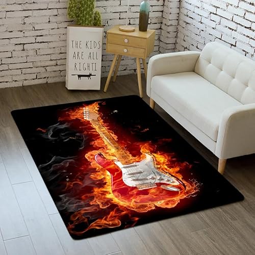 SHELOG Wohnzimmerteppich mit brennender Gitarre, Schlafzimmer, Badezimmer, Tür, Rutschfester Flanell-Teppich von SHELOG