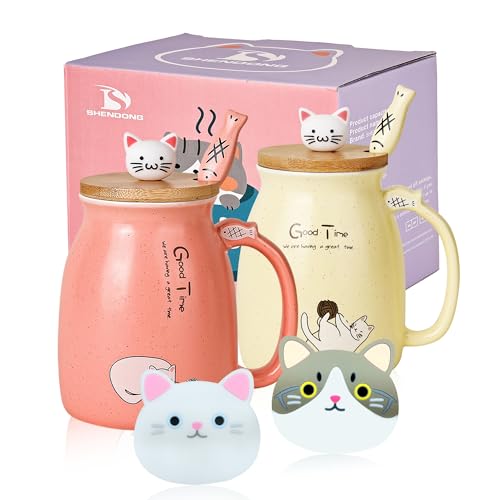 SHENDONG 2er-Pack Katzenbecher Niedliche Kaffeetassen aus Keramik im 2er-Set mit Bambusdeckel und Löffel Neuheit Morning Cup Kaffee-Milch Tee-Becher-3D Tier Katzen-Tassen für Katzenliebhaber Geschenke von SHENDONG