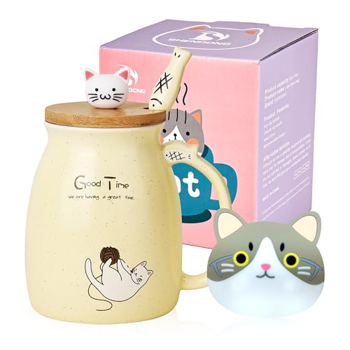 Katze-Becher Süße Kaffeetasse aus Keramik mit Kawaii-Katze Holzdeckel und schöner Löffel aus Edelstahl Neuheit Morning CupKaffee-Milch-Tee-Becher - 3D-Tier Katzen-Tassen für Katzenliebhaber Frau von SHENDONG
