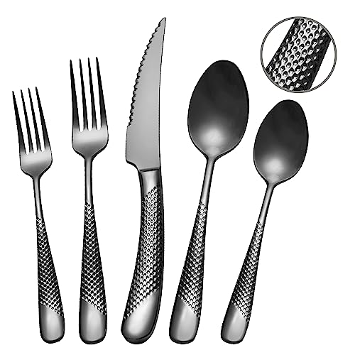 SHEUMNT 20 Stück Hammerschlag Schwarzes Besteck, 18/10 Edelstahl Besteck Set, Modernes Küchenutensil Set Service für 4, Geschirr Set, Essbesteck Set inklusive Gabel Löffel und Messer von SHEUMNT