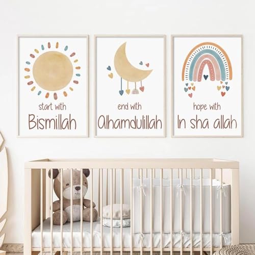 SHINERING Islamisches Bismillah, Sonne, Mond, Regenbogen, Poster, Kinderzimmer, Wandkunst, Druck, Bild, 3-Teiliges Leinwandgemälde, Kinderzimmer, Innenwanddekoration 21Cmx30Cmx3Pcs Kein Rahmen von SHINERING