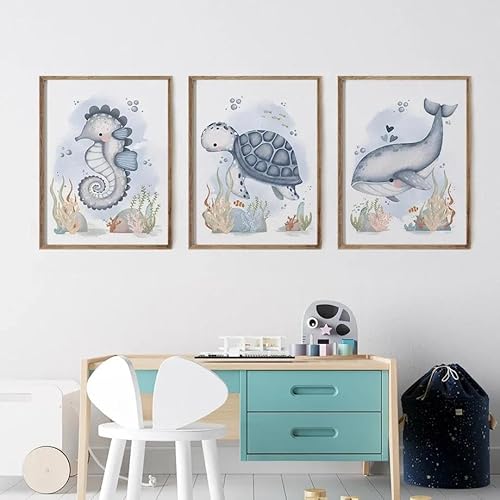 SHINERING Wal Seepferdchen Schildkröte Meerestiere Set Poster Ozean Kinderzimmer Wand Kunstdruck Leinwand Malerei Bilder Baby Kinderzimmer Dekor 21Cmx30Cmx3Pcs Kein Rahmen von SHINERING