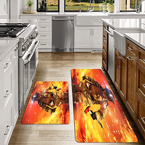 2er Küchenteppich Waschbar Rutschfest Teppich,Feuerwehrmann-Figur in einem brennenden Gebäude auf der Suche nach Überlebenden Rettungsdienste,Küche und im Esszimmer Badematten Set mit Rückseite von SHIVNAMI