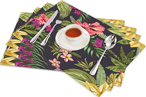 Tischsets für Esszimmer Küche Tisch 4er Set,Aquarell hawaiianisches exotisches Muster Tropische Blätter und Blumen blühender Dschungel ,Hitzebeständig Tischmatte Home Dekoration Abwaschbar Platzset von SHIVNAMI