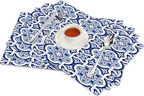 Tischsets für Esszimmer Küche Tisch 4er Set,Arabeske verzierte weiße Blaue marokkanische portugiesische Fliese Azurejo Ornament Muster ,Hitzebeständig Tischmatte Home Dekoration Abwaschbar Platzset von SHIVNAMI