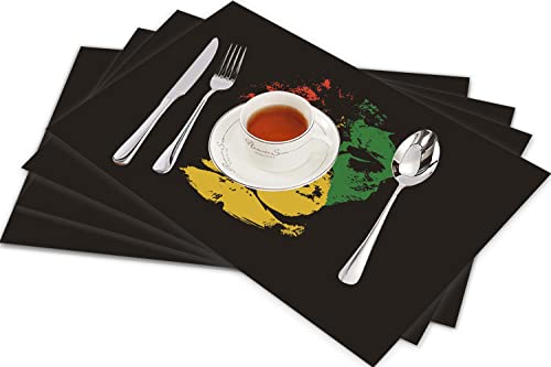 Tischsets für Esszimmer Küche Tisch 4er Set,Grüner Marley Löwenkopf Rasta Roter Bob Reggae Judah Jamaika Farbe,Hitzebeständig Tischmatte Home Dekoration Abwaschbar Platzset von SHIVNAMI
