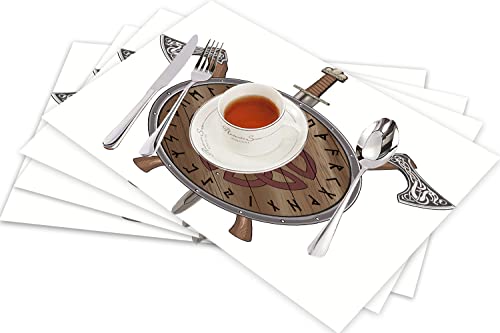 Tischsets für Esszimmer Küche Tisch 4er Set,Zwei Wikinger-Axt-Schwert-Endschild verziert mit skandinavischen Runen,Hitzebeständig Tischmatte Home Dekoration Abwaschbar Platzset von SHIVNAMI