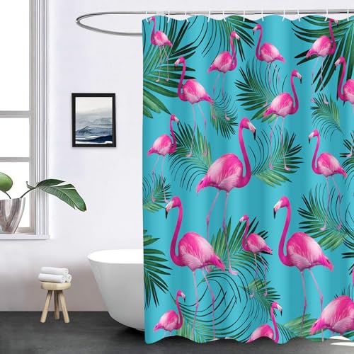 SHROUDEX Flamingo Duschvorhang Tropisch Palme Grüne Blätter Duschvorhänge 180x180 Flamingos Shower Curtains Wasserdicht Flamingo Duschvorhänge Pink 180x200 Textil (2,180 x 200 cm) von SHROUDEX