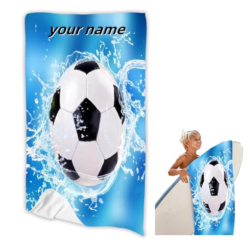 SHROUDEX Personalisiert Fußball Strandtuch Mit Namen, Personalisiertes Fußball Handtuch Mit Namen Mikrofaser Badetuch Fußball Für Kinder Jungen (1,60 x 120 cm) von SHROUDEX