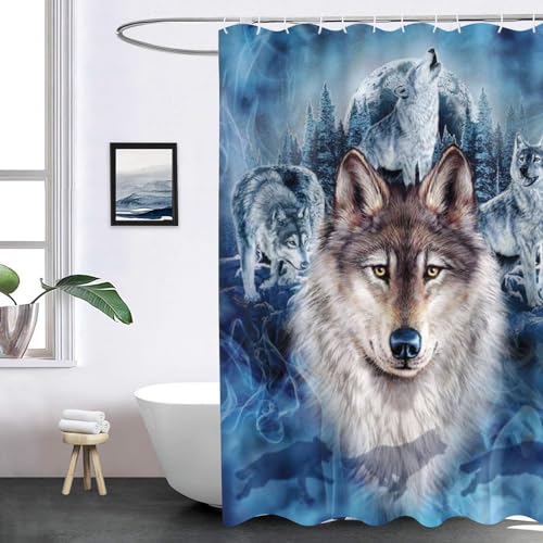 SHROUDEX Wolf Duschvorhang 180x180 180x200 Textil, Waldtiere Wolf Shower Curtains & 12 Duschvorhänge Ringe, Tier Wolf Duschvorhänge Für Badzimmer (3,180 x 200 cm) von SHROUDEX