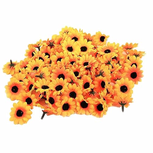 SHTGOI 100 Stücke Blumenköpfe Künstliche Sonnenblumen Köpfe Bunt Mini Seidenblumen Gänseblümchenköpfe blütenköpfe Basteln Blumen für Hochzeiten Feiern Partys Girlanden-Kopfschmuck Orange-schwarz von SHTGOI