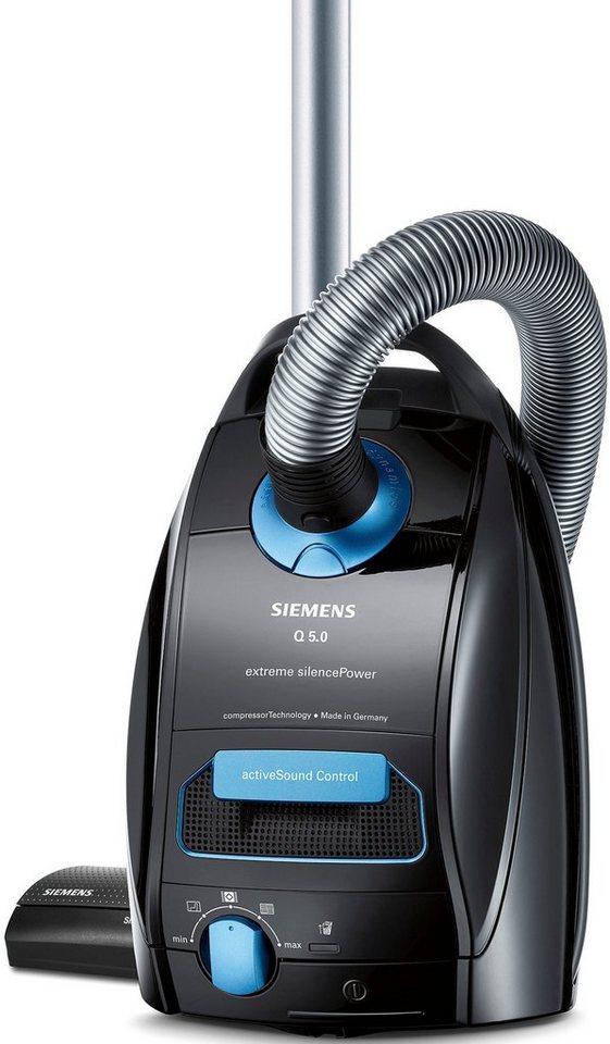 SIEMENS Bodenstaubsauger Q 5.0 extreme silencePower VSQ5X1230, Made in Germany, Hygiene-Filter, 850 W, mit Beutel, hohe Saugkraft, integriertes Zubehör, langes Kabel, leise, schwarz von SIEMENS