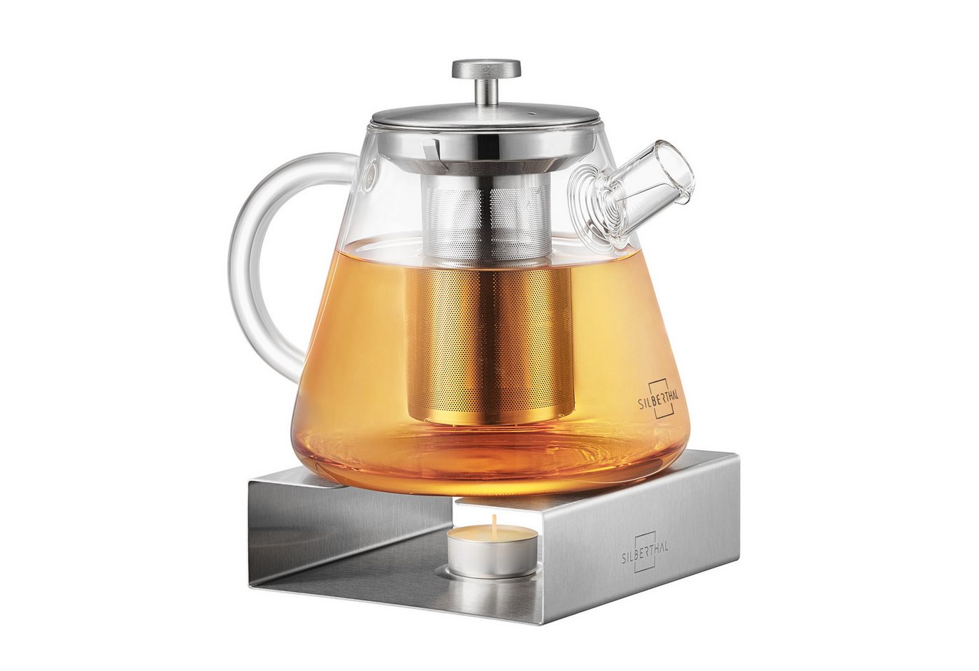 SILBERTHAL Teekanne mit Stövchen Set, 1.5 l, (Kanne Glas mit Siebeinsatz und Teewärmer), Teelichthalter für stundenlangen Teegenuss von SILBERTHAL