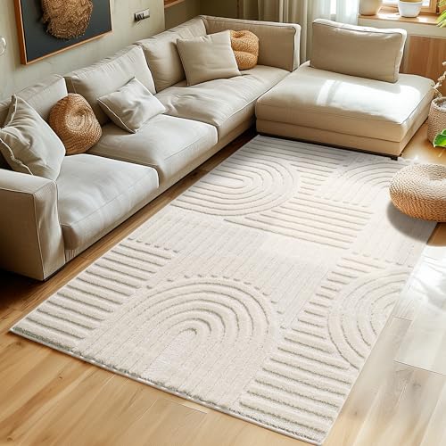 Hochflor Teppich Wohnzimmer Küchenteppich Schlafzimmer Läufer Flur Skandi Boho Teppich 3D Design Flauschig Weich, Größe: 240 x 340 cm Farbe: Creme von SIMPEX