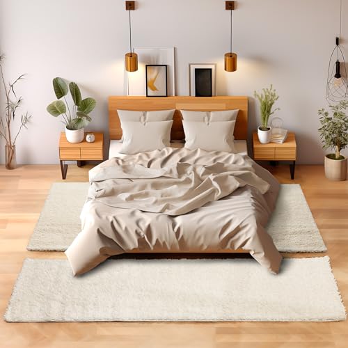 SIMPEX Bettvorleger Schlafzimmer Teppich Läufer Flur Teppich Küchenläufer Hochflor 3 Teiliger Set Bettumrandung Einfarbig Modernes Design Soft Flauschig & Extra Weich Farbe: Creme von SIMPEX