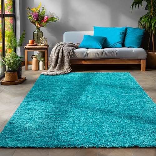 SIMPEX Flauschiger Teppich Wohnzimmer Türkis Schlafzimmer Läufer Flur Esszimmer Küchenteppich Hochflor Einfarbig Modernes Design 30 mm Florhöhe Kuschelweich Größe: 300 x 400 cm von SIMPEX