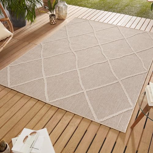 SIMPEX Outdoor Teppich Wetterfest 120 x 170 cm Beige Sisal Optik Boho Design - Balkon Teppich Wetterfest Waschbarer Küchenteppich - Für Terassen, Garten, Camping, Außen - Outdoor Carpet von SIMPEX