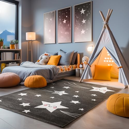 SIMPEX Teppich Kinderzimmer süßes Stern-Design Kurzflor Kinderteppich mädchen Spielteppich Modern Design Babyzimmer Teppiche für Junge und Mädchen Extra Weich und Antiallergen 200 x 290 cm von SIMPEX