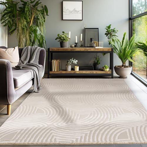 SIMPEX Kurzflor Teppich Wohnzimmer Beige Schlafzimmer Esszimmer Läufer Flur Küchenteppich Boho Teppich 3D Design Skandinavischer Stil Modern Weich Größe: 240 x 340 cm von SIMPEX