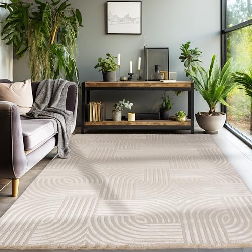 SIMPEX Kurzflor Teppich Wohnzimmer Beige Schlafzimmer Esszimmer Läufer Flur Küchenteppich Boho Teppich 3D Design Skandinavischer Stil Modern Weich Größe: 240 x 340 cm von SIMPEX