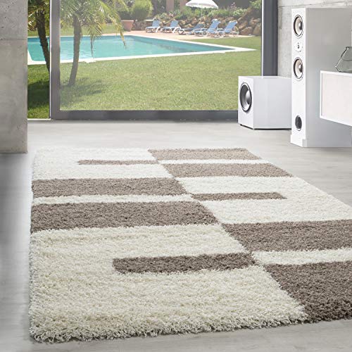 SIMPEX Wohnzimmer Teppich Shaggy und Flauschiger Moderne Kariert Design Beige 280 x 370 cm - Teppich Schlafzimmer Extra Weich Pflegeleicht Waschbarer - Carpet Living Room Rug von SIMPEX