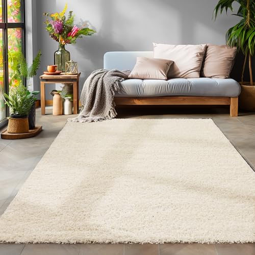 Teppich Wohnzimmer Shaggy Teppich Hochflor 100 x 200 cm Läufer Flur Creme Einfarbig Modern Design - Teppich Schlafzimmer Waschbar Flauschig und Extra Weich für Esszimmer Kinderzimmer Küche von SIMPEX