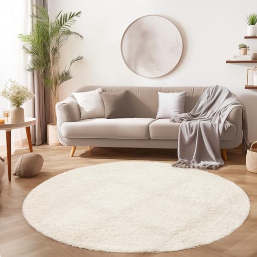 SIMPEX Flauschiger Teppich Rund Wohnzimmer Creme Schlafzimmer Läufer Flur Esszimmer Küchenteppich Hochflor Einfarbig Modernes Design 30 mm Florhöhe Kuschelweich Größe: 120 cm Rund von SIMPEX