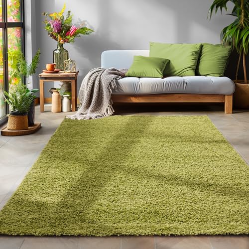 SIMPEX Flauschiger Teppich Wohnzimmer Grün Schlafzimmer Läufer Flur Esszimmer Küchenteppich Hochflor Einfarbig Modernes Design 30 mm Florhöhe Kuschelweich Größe: 300 x 400 cm von SIMPEX