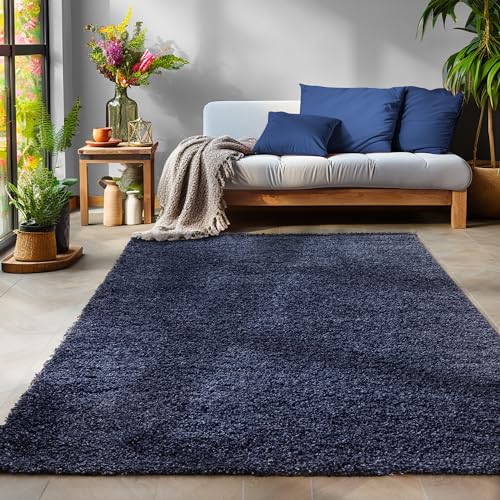 SIMPEX Flauschiger Teppich Wohnzimmer Navyblau Schlafzimmer Läufer Flur Esszimmer Küchenteppich Hochflor Einfarbig Modernes Design 30 mm Florhöhe Kuschelweich Größe: 300 x 400 cm von SIMPEX