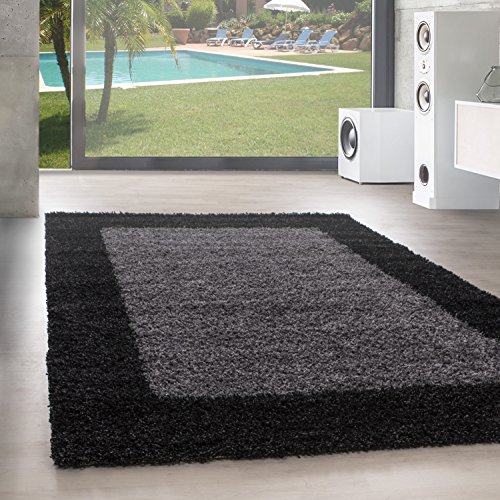 SIMPEX Teppich Wohnzimmer Shaggy Moderne Bordüre Design Anthrazit 300 x 400 cm - Hochflor Teppich Schlafzimmer Extra Weich und Pflegeleicht - Flauschiger Teppich Langflor für Küche Carpet Living Room von SIMPEX