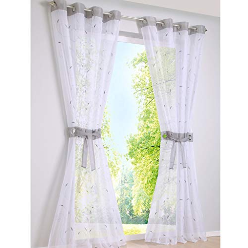 SIMPVALE 2 Stück Vorhänge Chiffon mit Ösen Stickerei Blätter Tüll Tür Fenster Vorhang Balkon Vorhang für Wohnzimmer Breite 140 cm, Polyester, Grau, Höhe 145cm von SIMPVALE